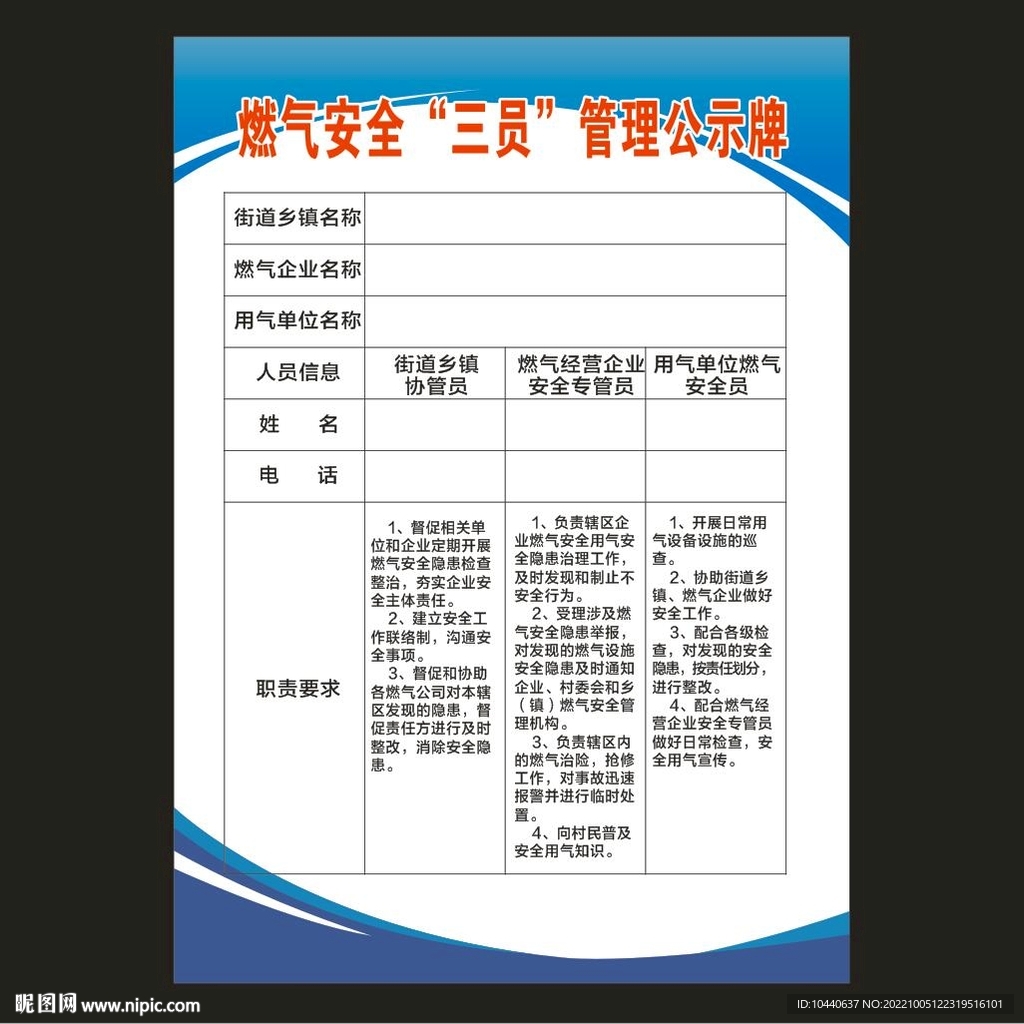 燃气安全三员管理公示牌