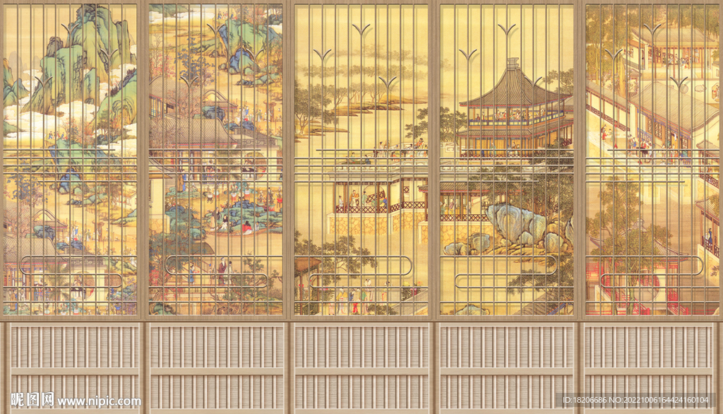 工装屏风古代楼阁形象墙