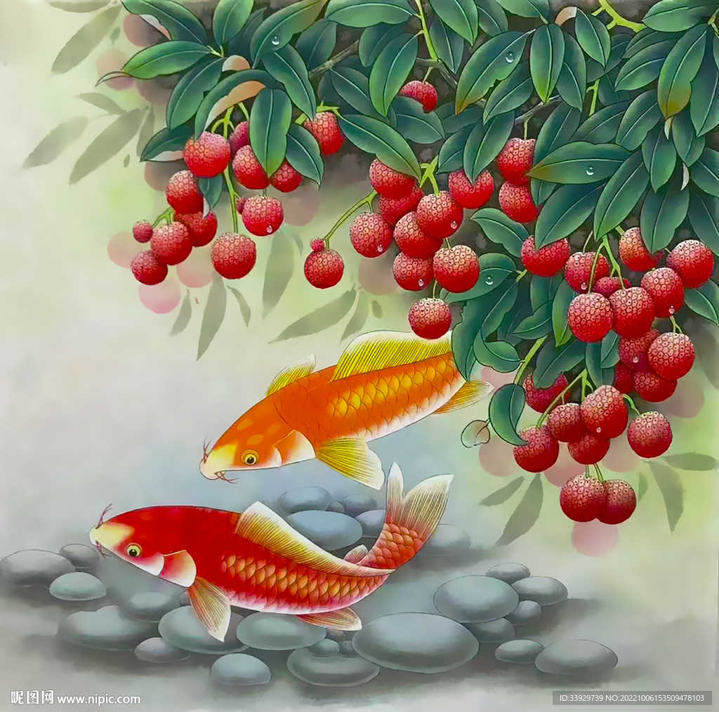 国画秋实锦鲤装饰画