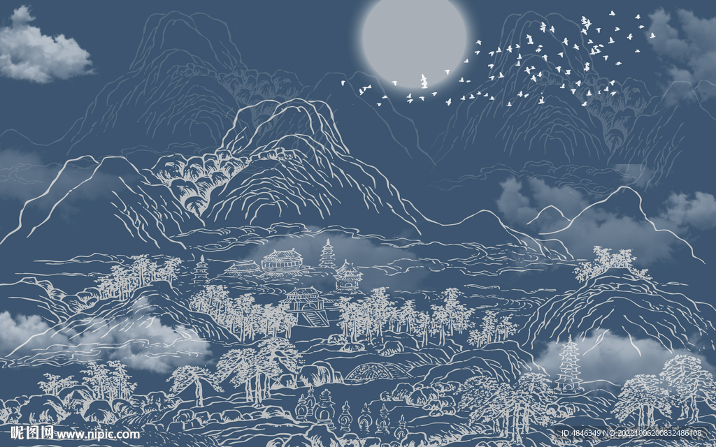 新中式线描山水背景墙