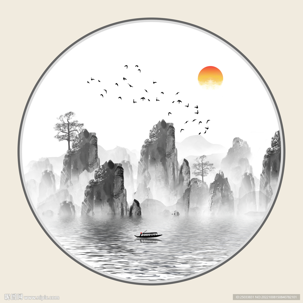 圆形意境山水画  