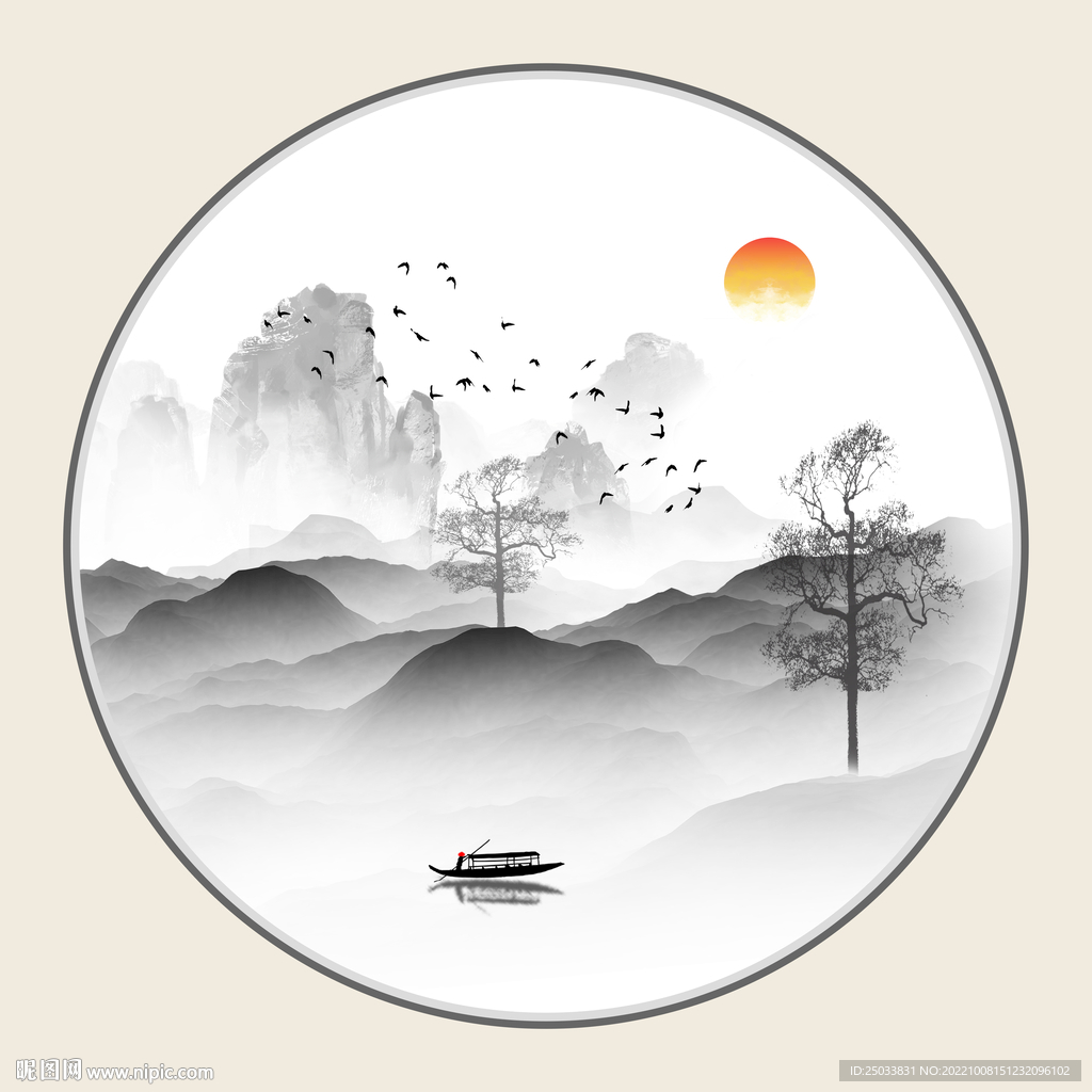 圆形意境山水画  