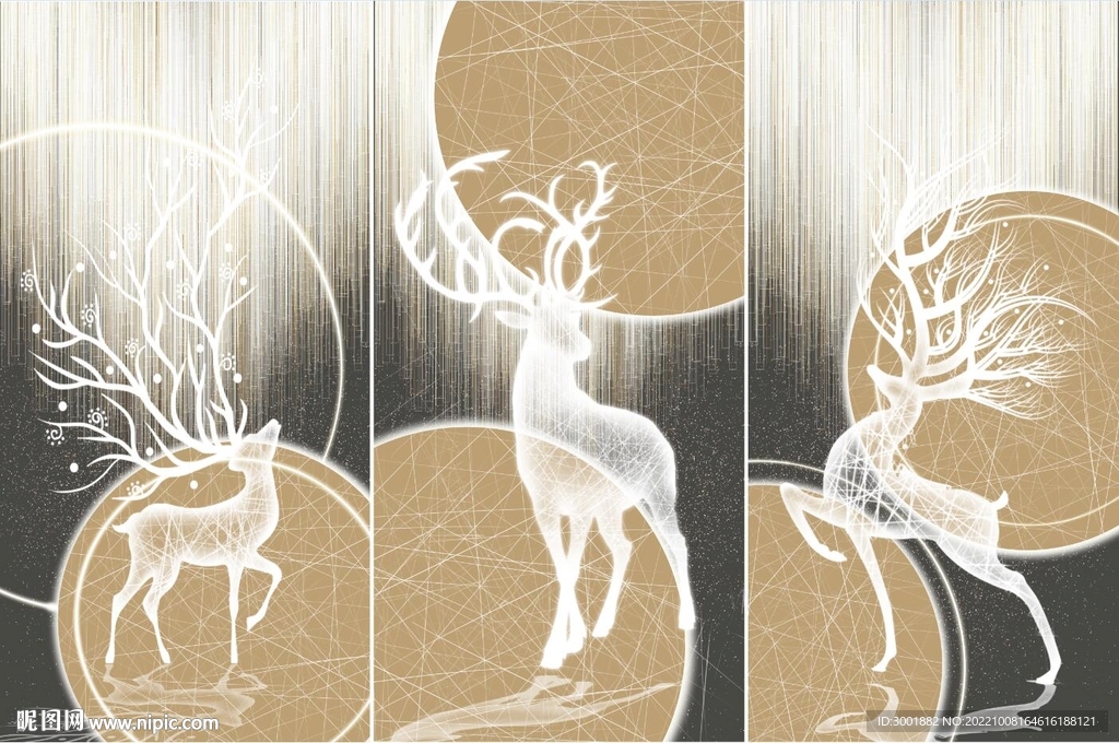 装饰画 几何图三联画 抽象麋鹿