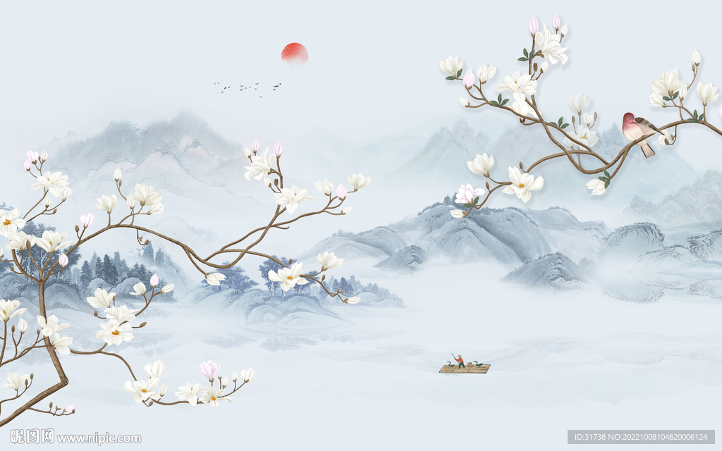 中式玉兰花鸟画背景墙