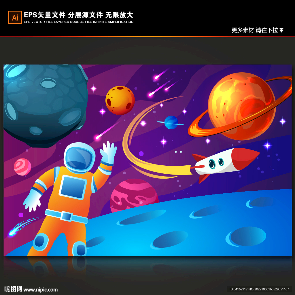 卡通宇航员太空星球宇宙银河背景