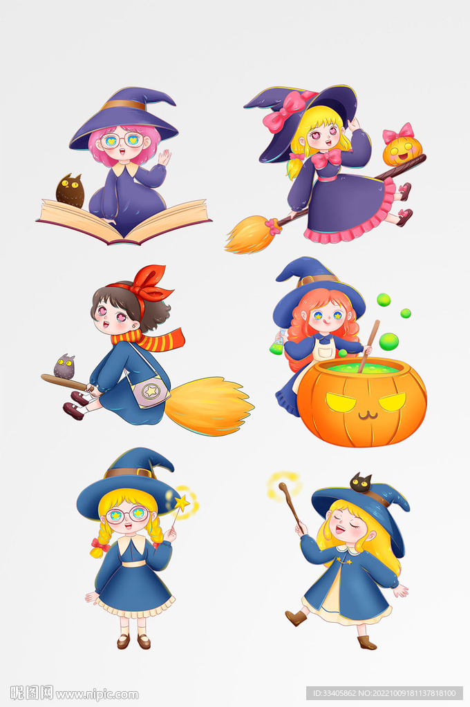手绘万圣节可爱学院小魔女套图元