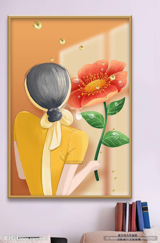 美女花朵背影简约装饰画