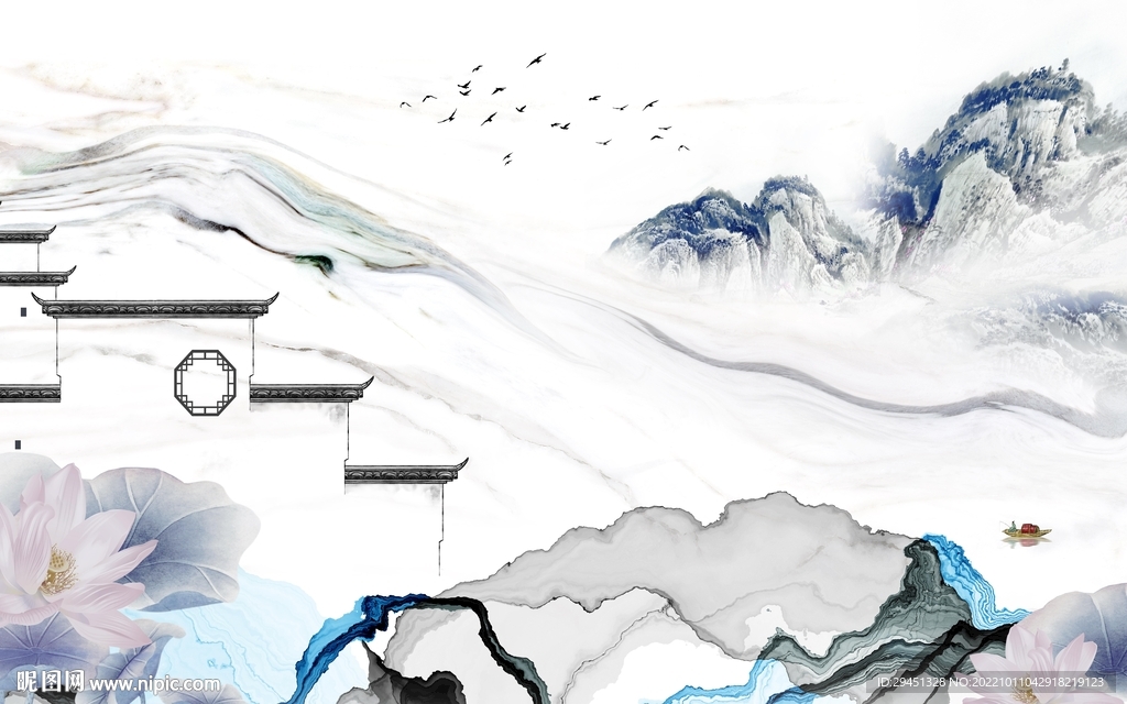 现代中式客厅墙画 Tif分层