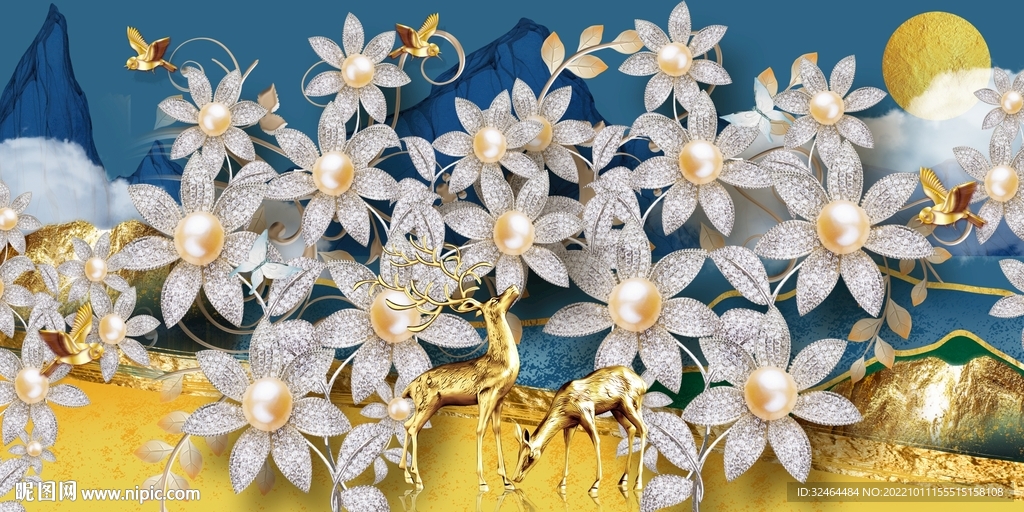 麋鹿立体珠宝花三联画