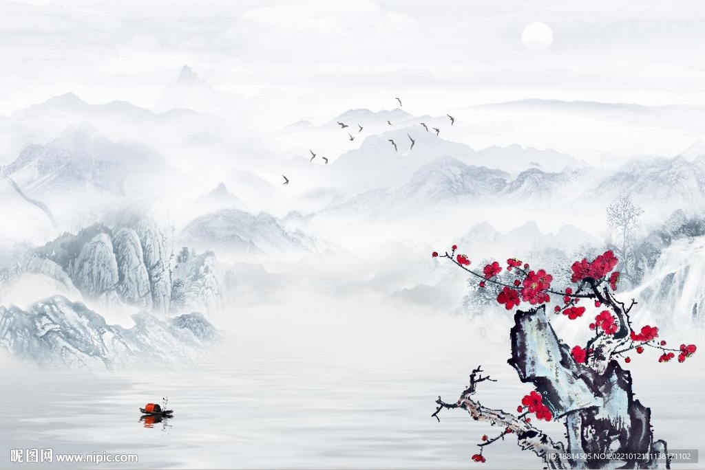 梅花新中式山水背景墙