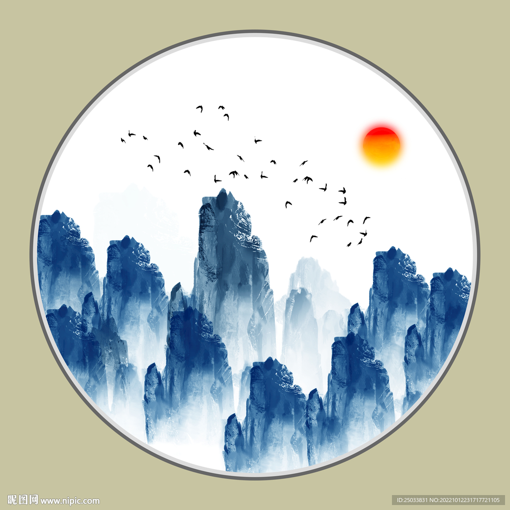 圆形山水画禅意水墨画 