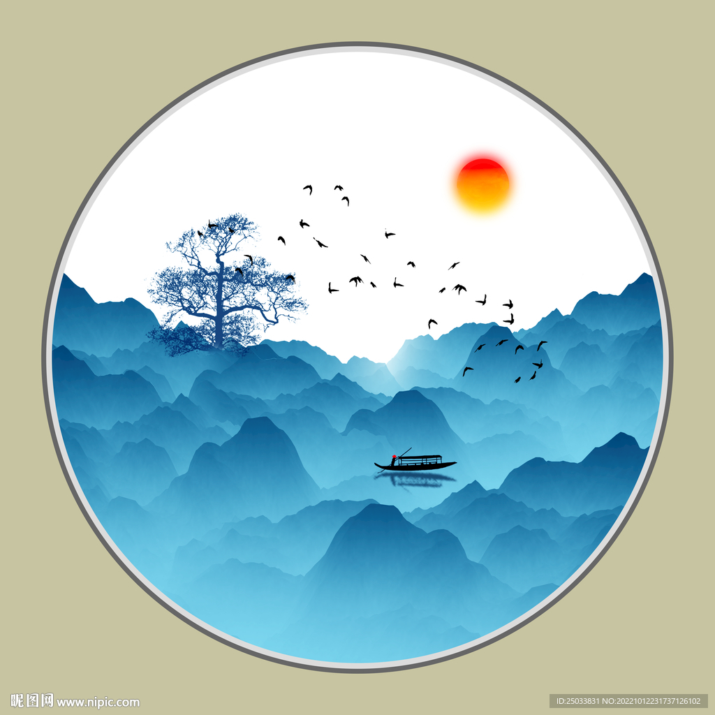 圆形山水画禅意水墨画 