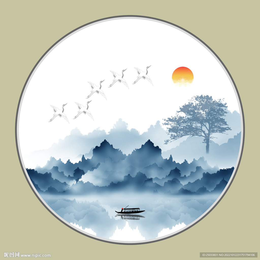 圆形山水画禅意水墨画