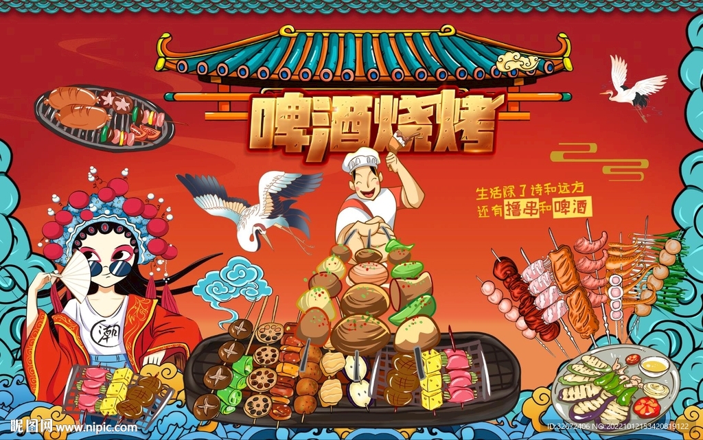 国潮烧烤工装背景墙图片