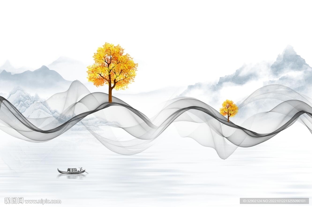 新中式抽象线条山水情背景墙