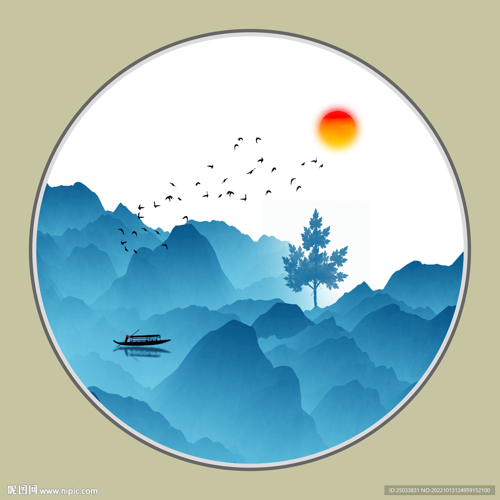 新中式圆形山水装饰画禅意水墨画