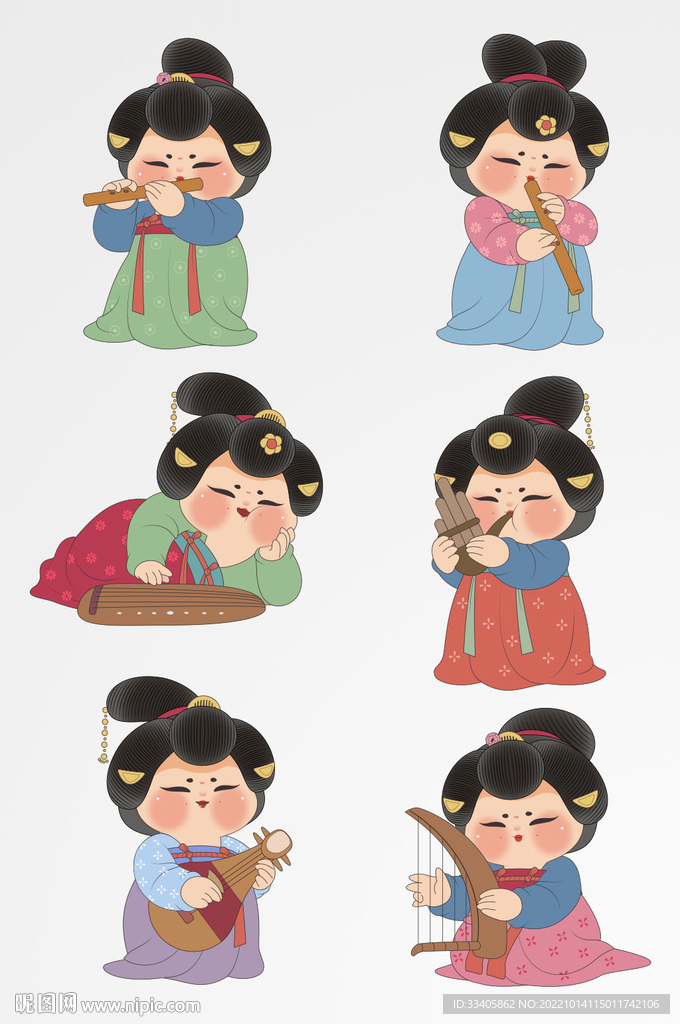 古代仕女弹奏乐器场景矢量元素