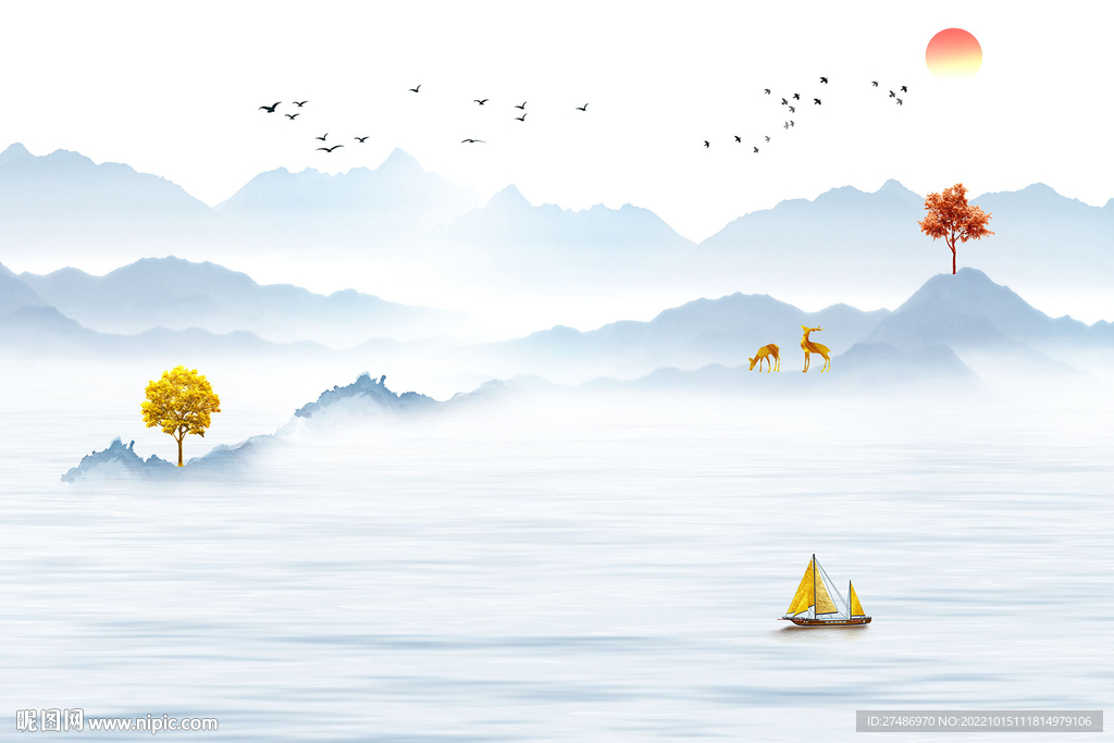 新中式蓝色意境山水电视背景墙