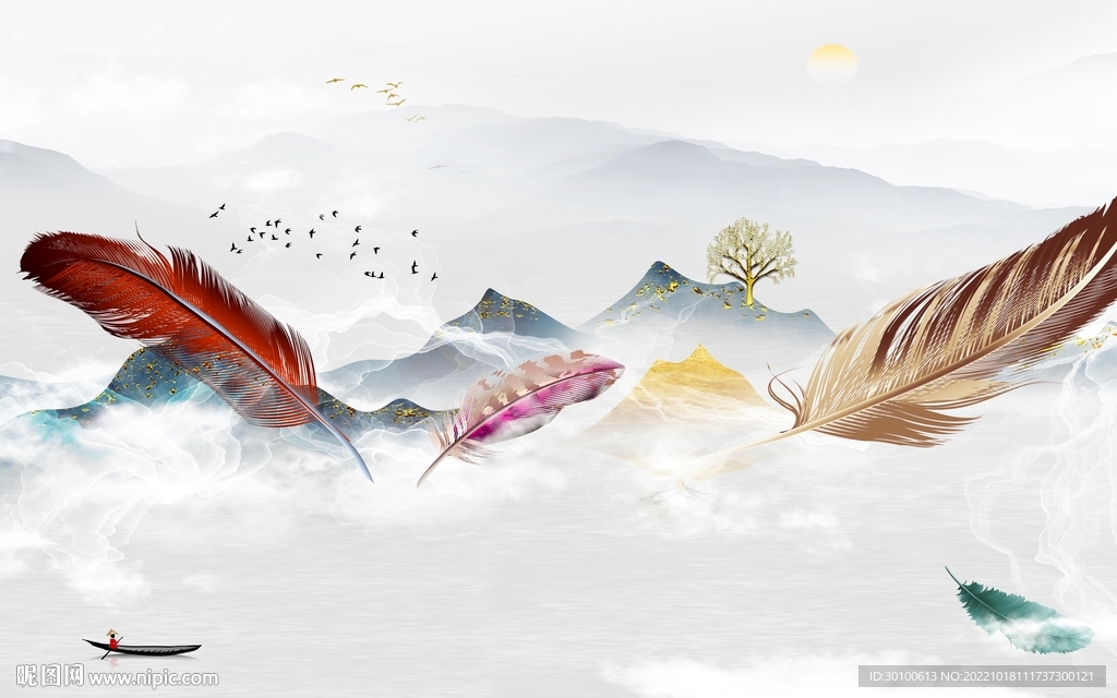 现代意境山水墙画 Tif分层