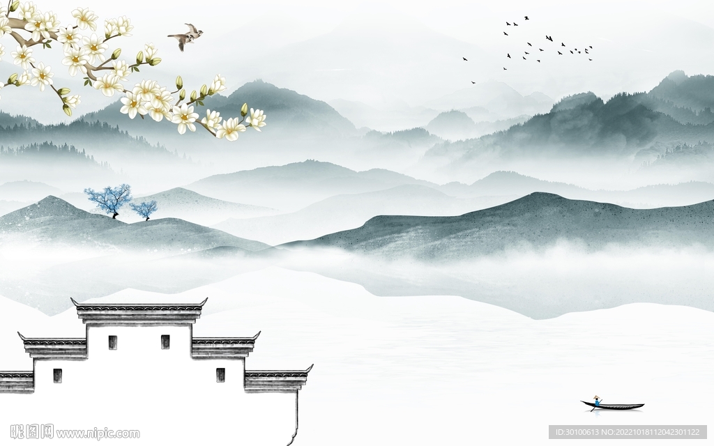 中式意境山水墙画 Tif分层