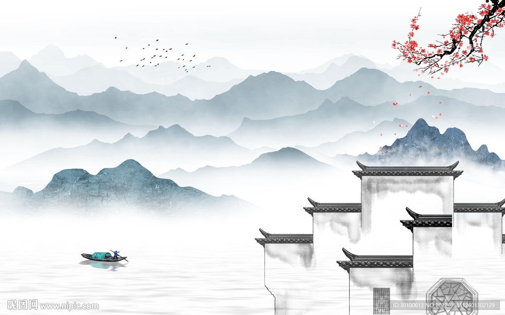 新中式意境山水墙画 Tif分层