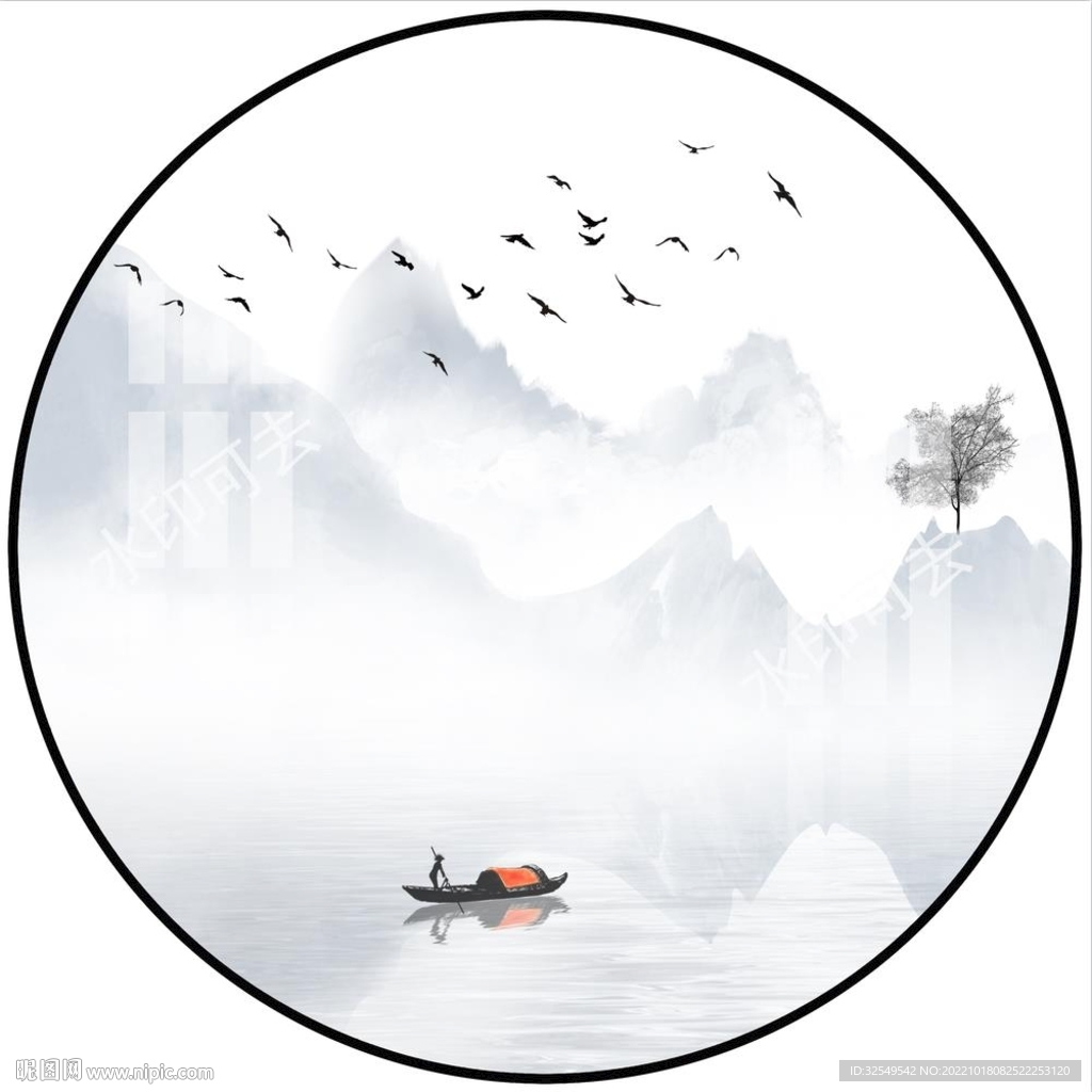 新中式圆形山水画
