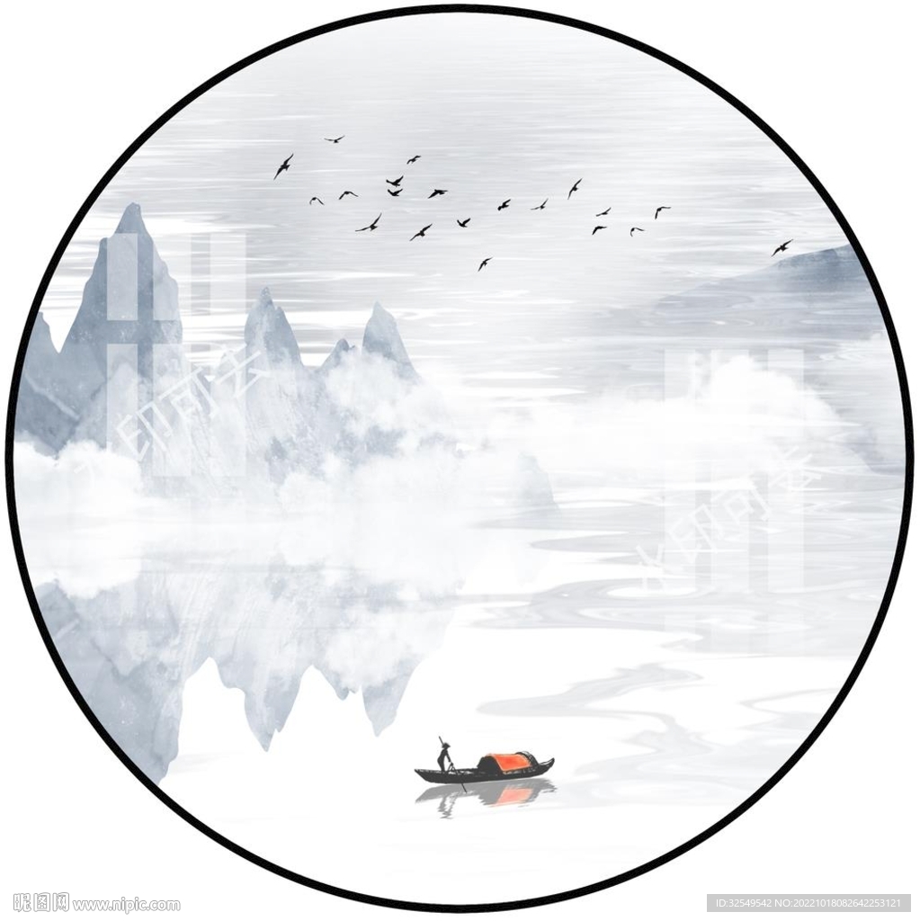 新中式圆形山水画