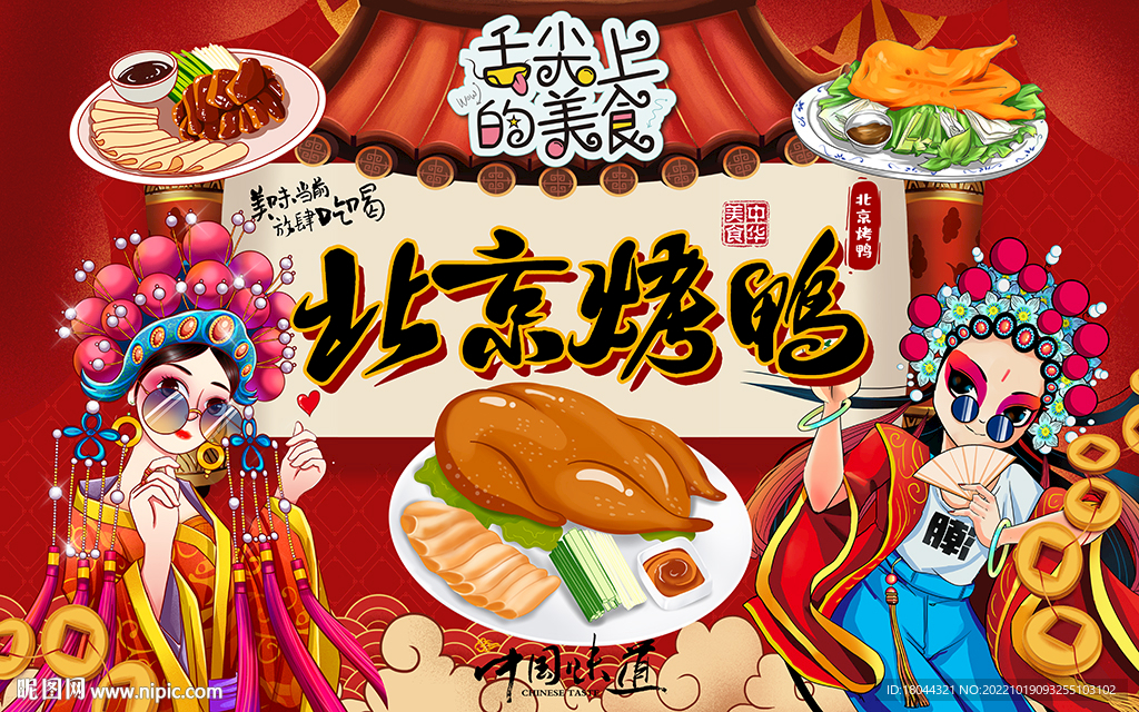 国潮风北京烤鸭美食工装背景墙