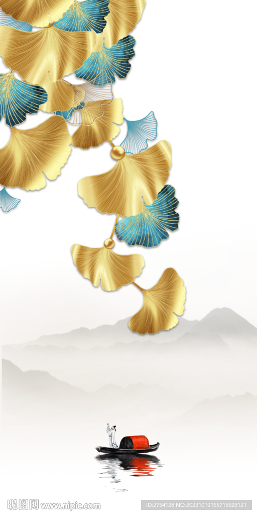 轻奢装饰画 杏叶 水墨山水画船