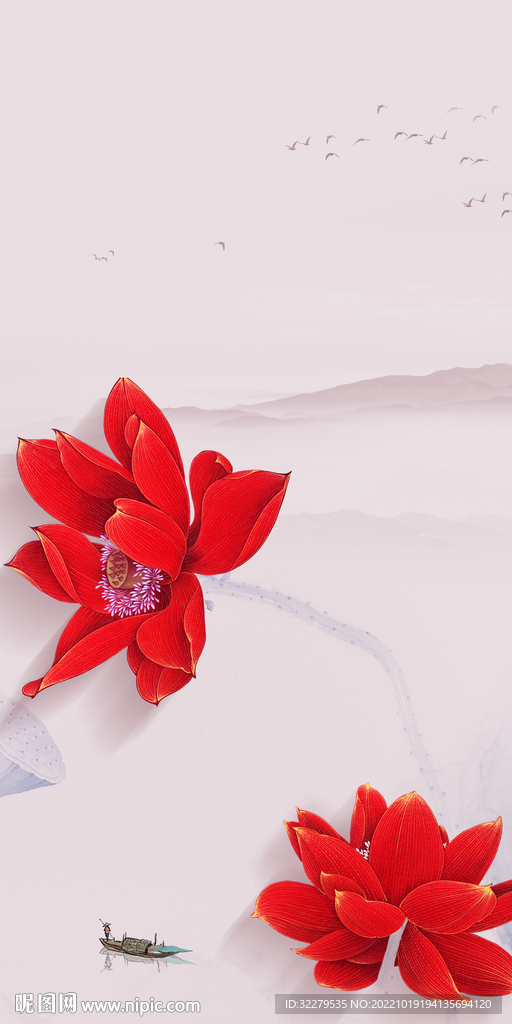 荷花 山水新玄关画 Tif分层