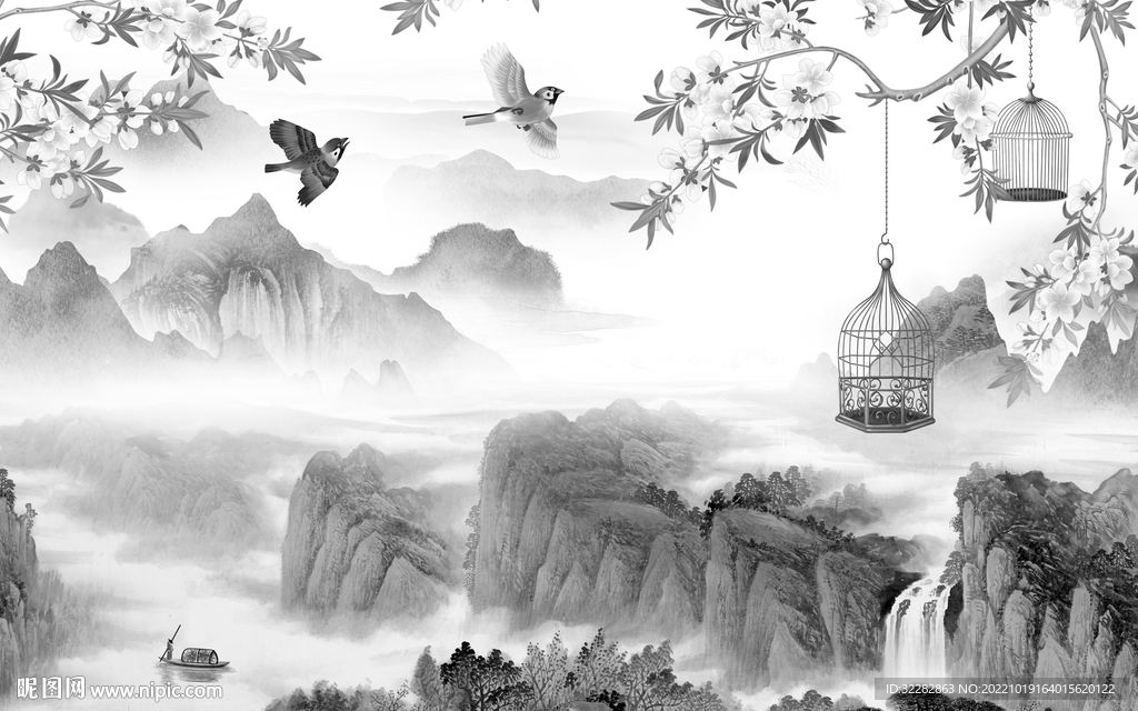 背景墙新品高清山水 tiF分层