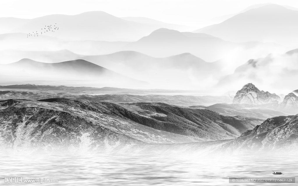 背景墙高档简约山水 tiF分层