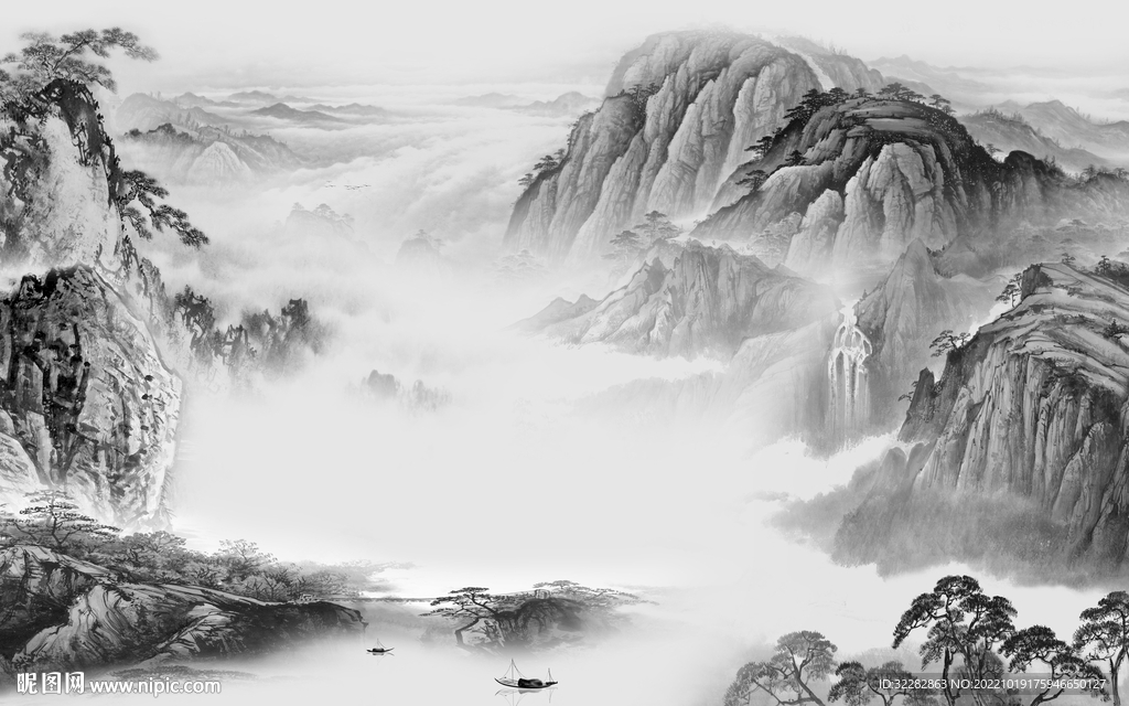 中式最新灰色山水 tiF分层