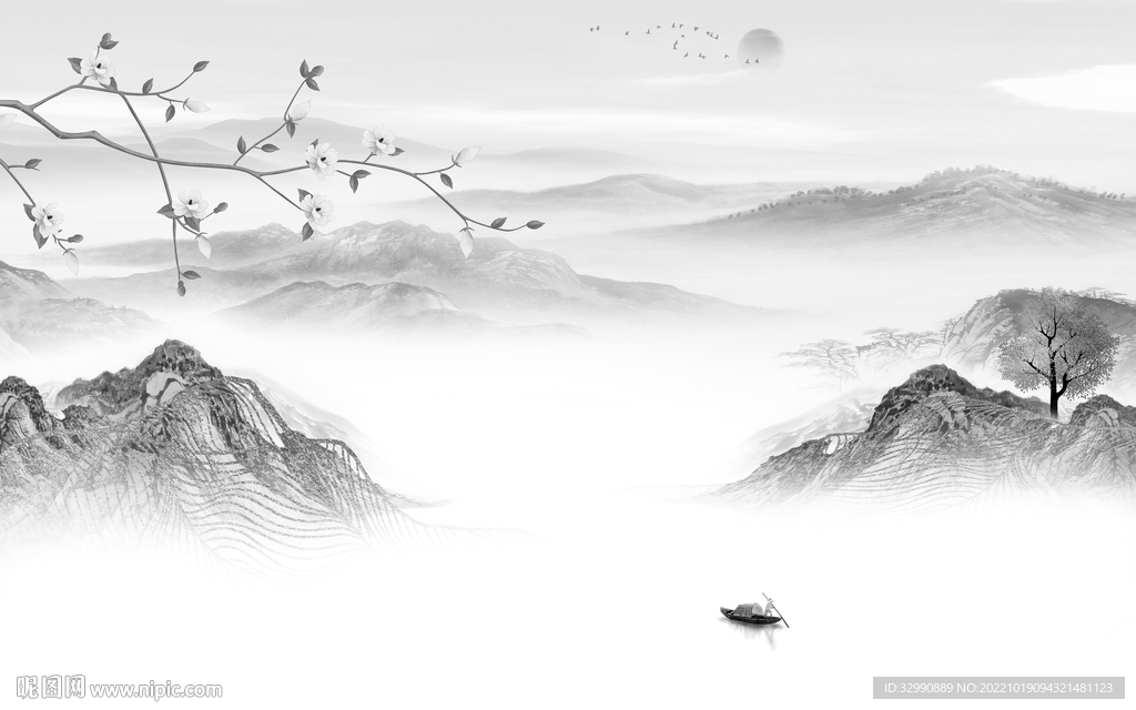 中国风灰色大气山水 tif分层