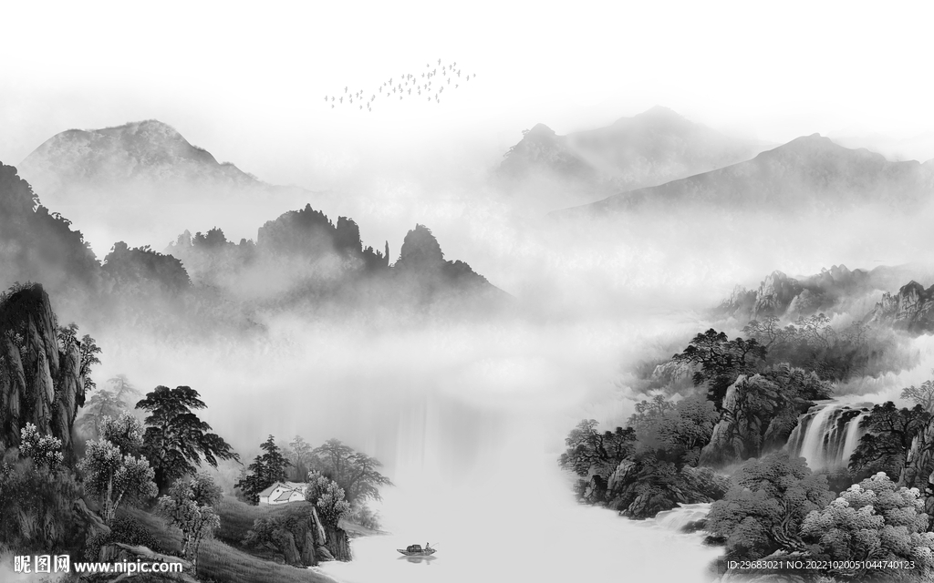 沙发高雅灰山水画 Tif分层