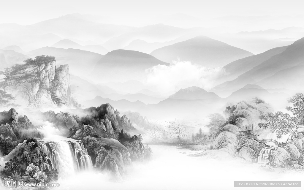 新款高雅灰山水画 Tif分层