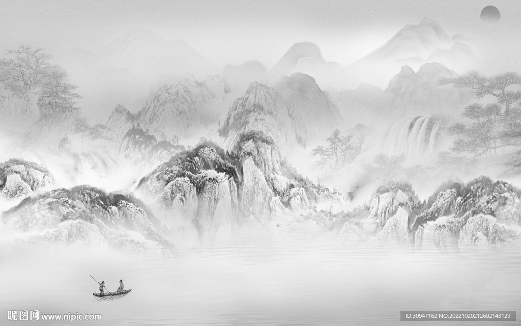 新中式灰色风山水画 Tif分层