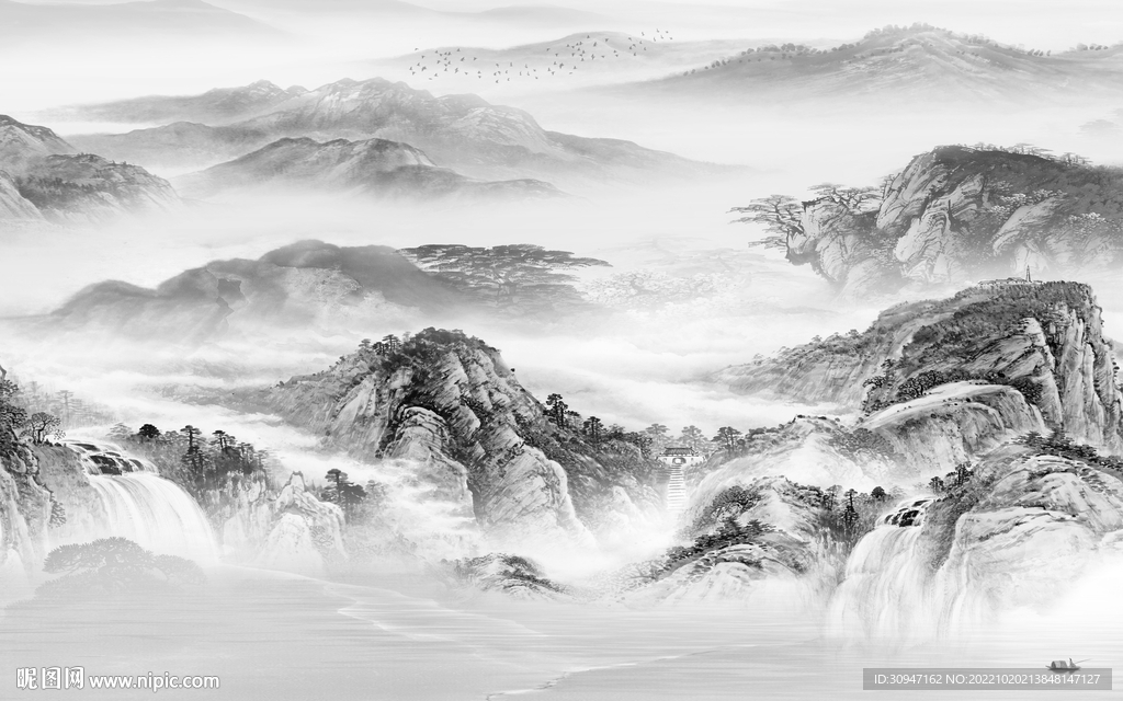 现代 灰色风山水画 Tif分层