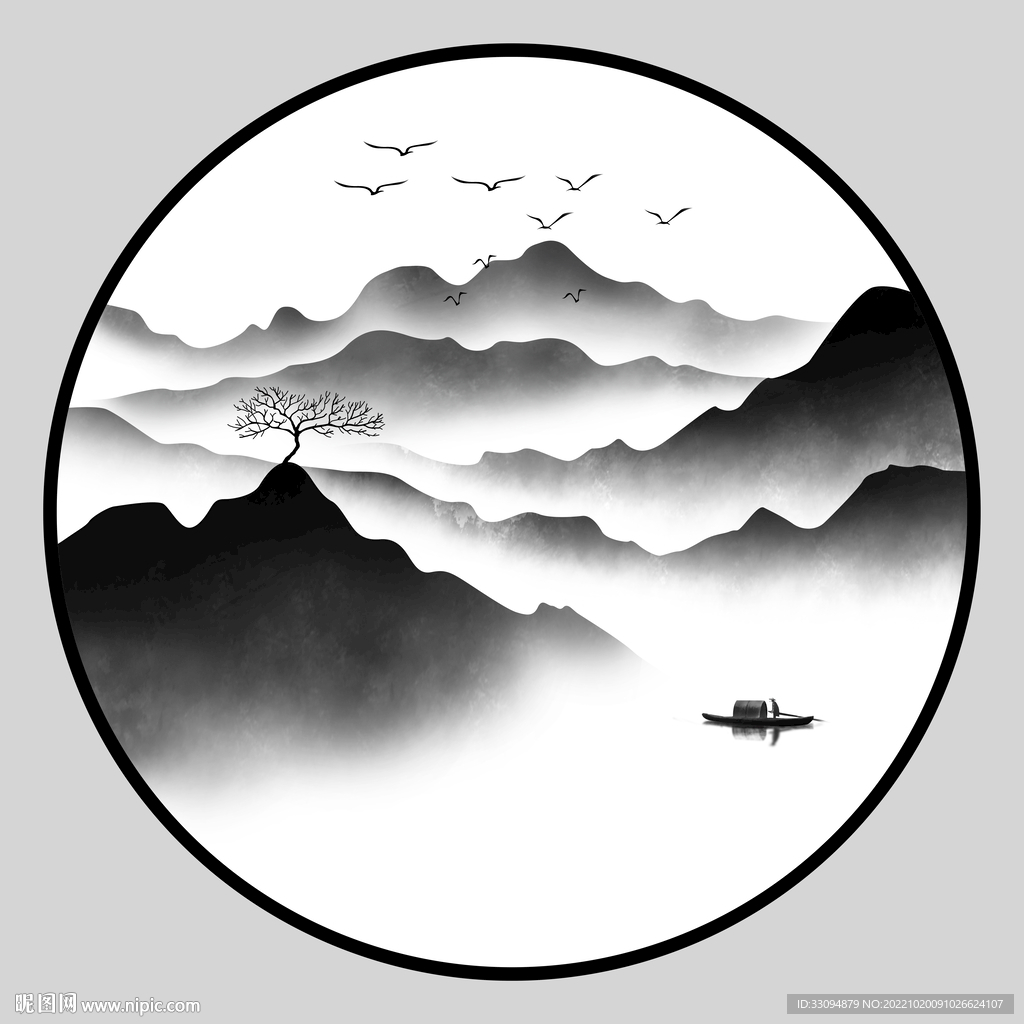 高清分层透明底圆形山水打印图