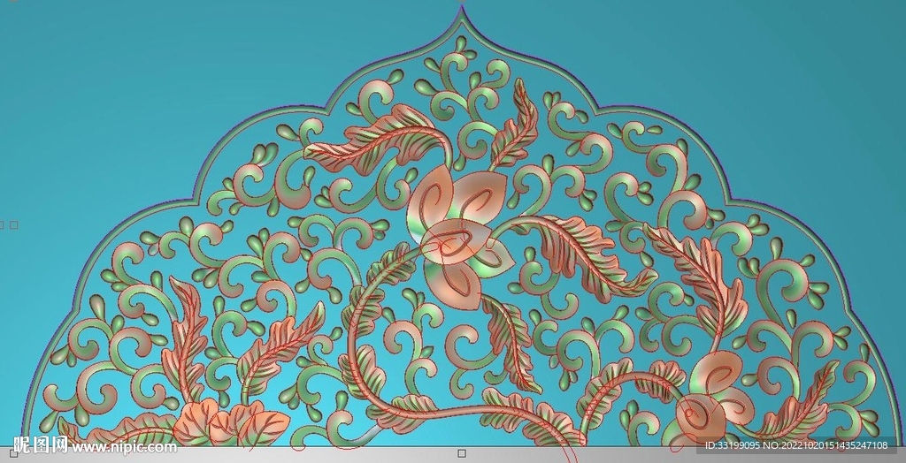 半圆洋花草花精雕图灰度浮雕图