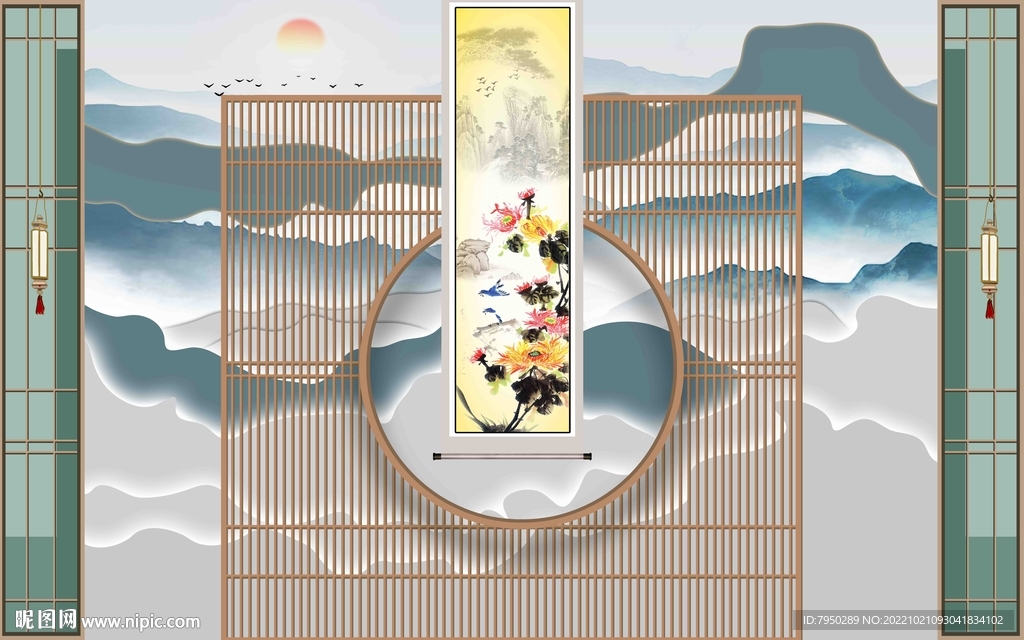 新中式直播背景墙 