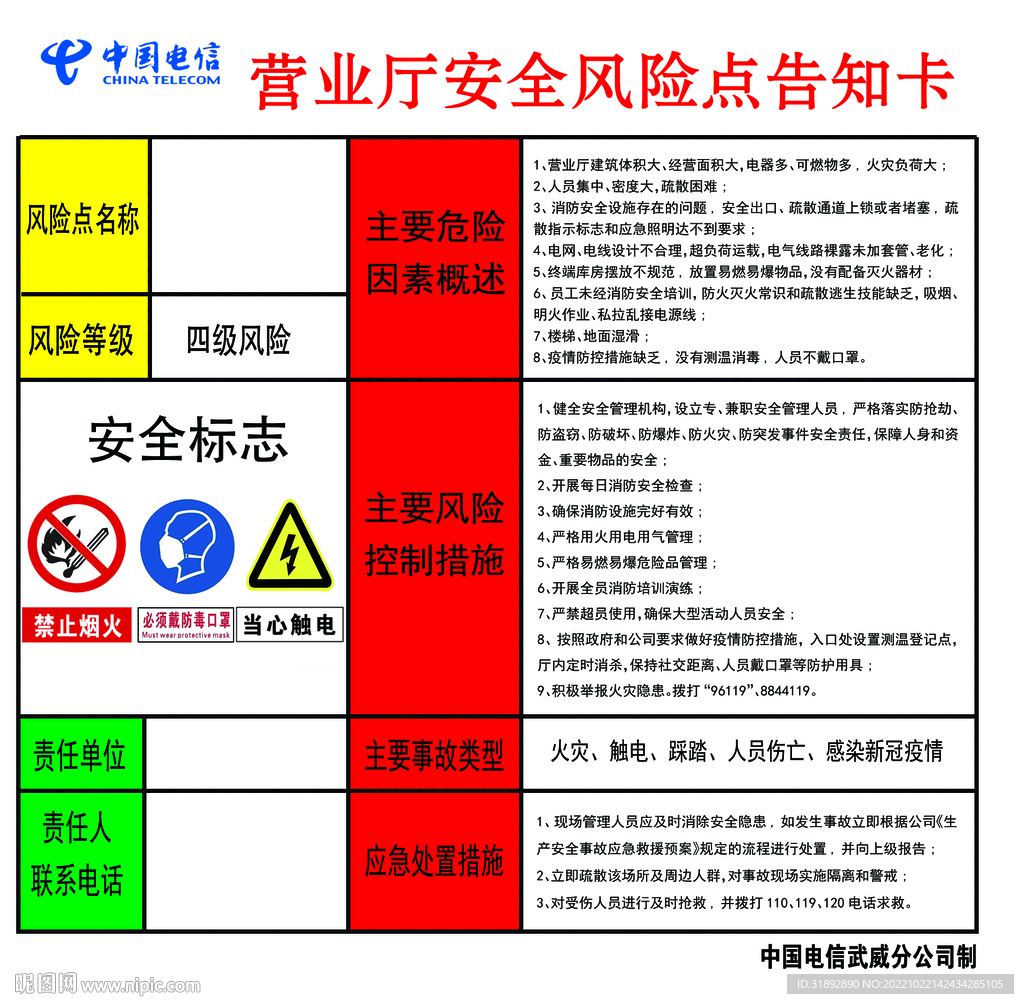 电信营业厅安全风险点告知卡