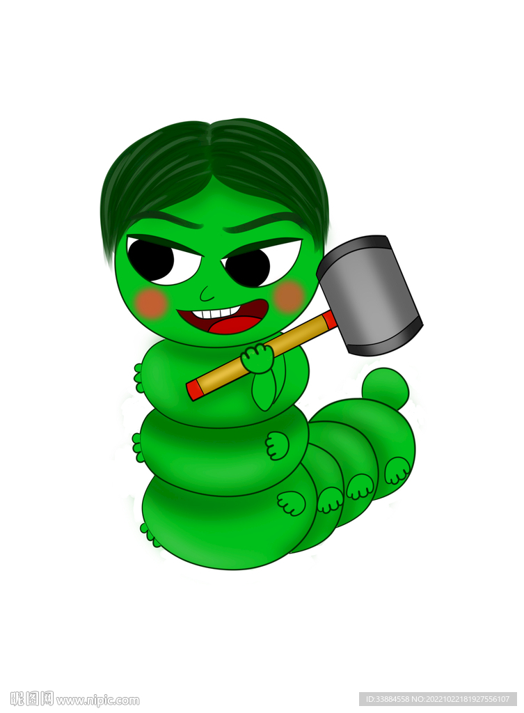 手绘插画卡通嘚瑟的绿虫拿锤子 