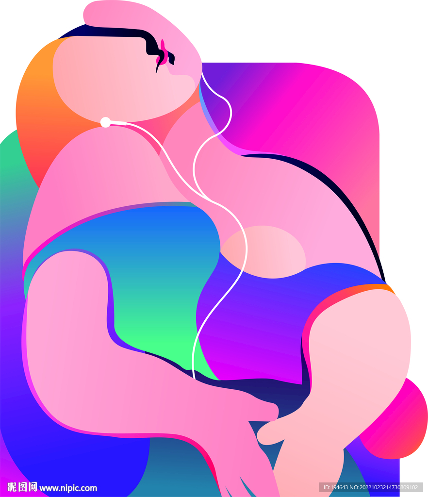 插画听歌女孩