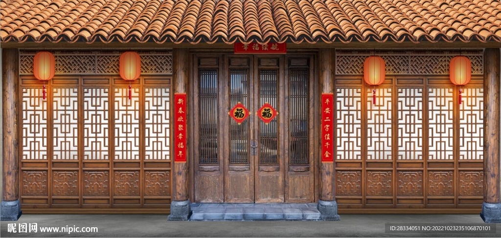 中式古典民居建筑背景墙壁画