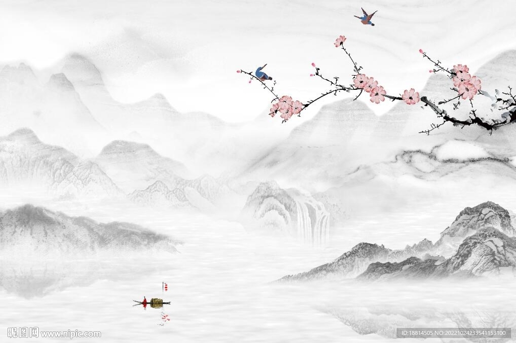 新中式梅花山水背景墙