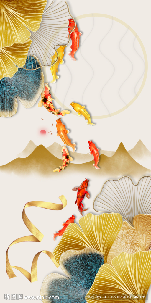 轻奢装饰画 水墨画 杏叶金鱼