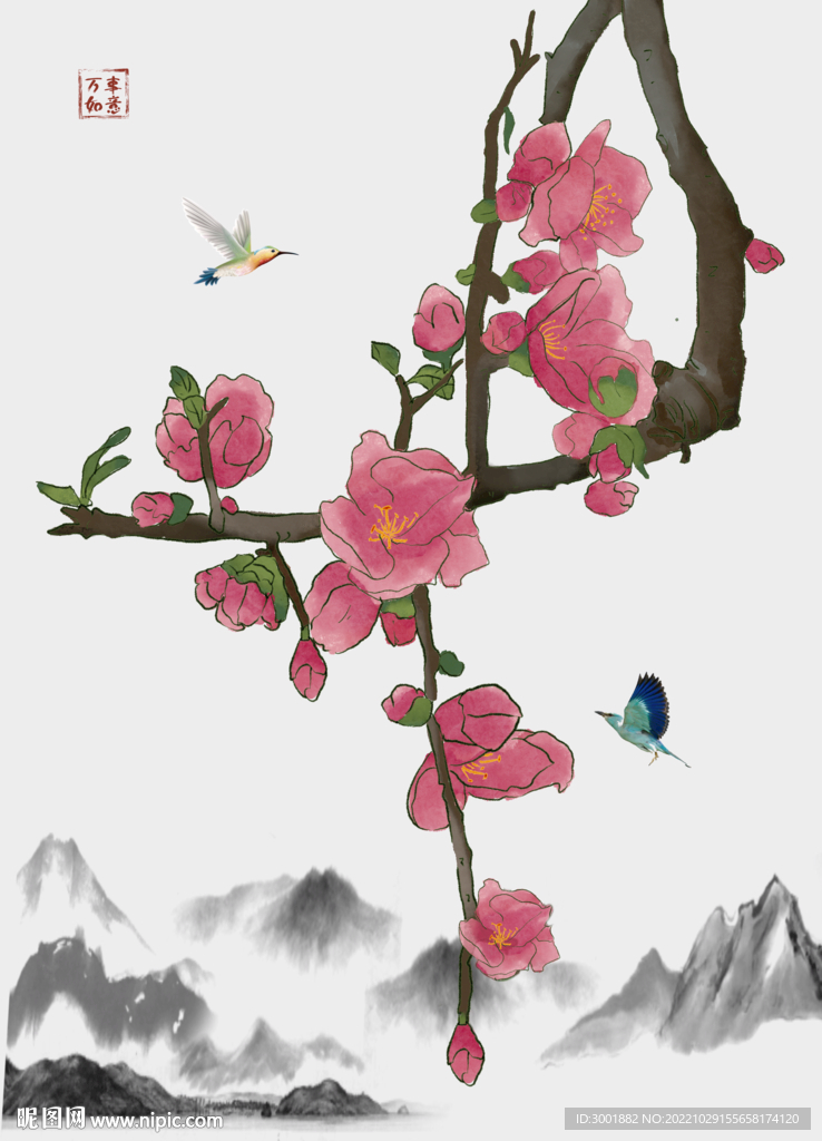 装饰画 水墨山水画 桃花