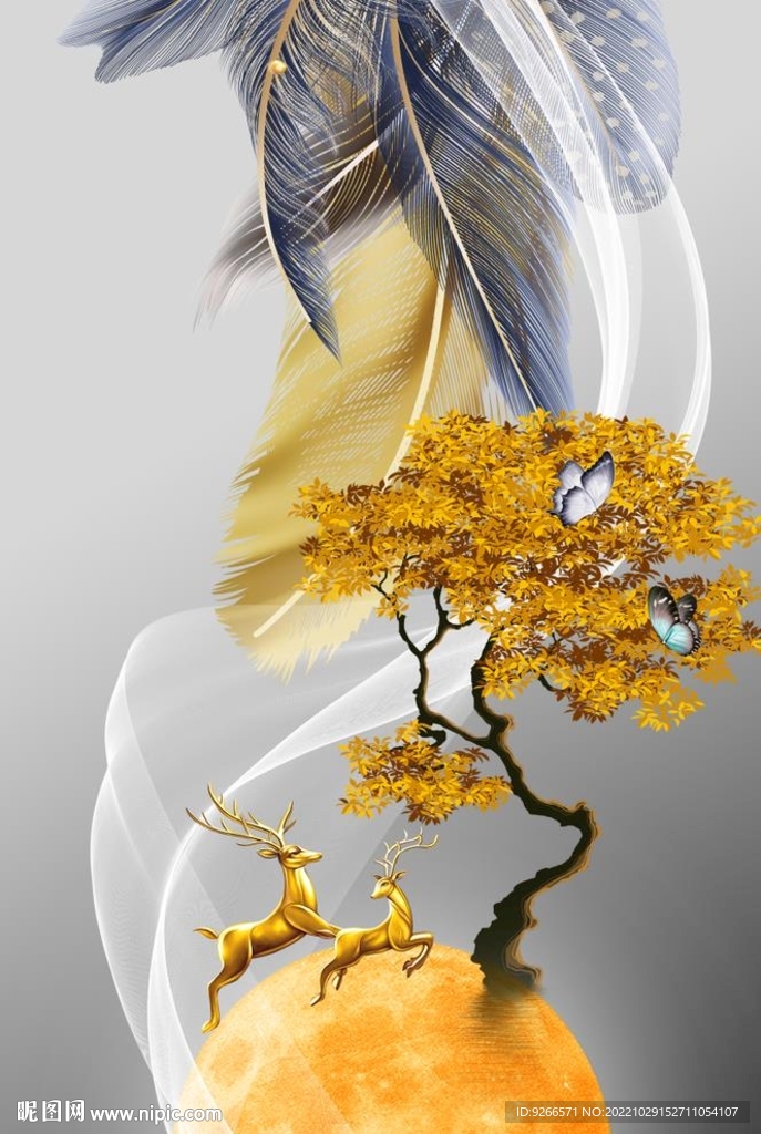轻奢麋鹿羽毛抽象线条晶瓷画装饰