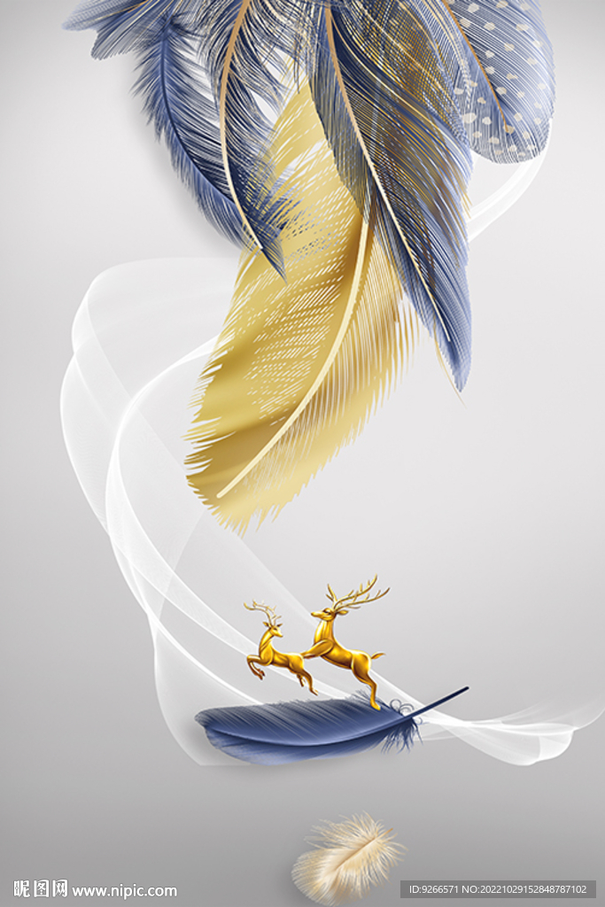 轻奢麋鹿羽毛抽象线条晶瓷画装饰